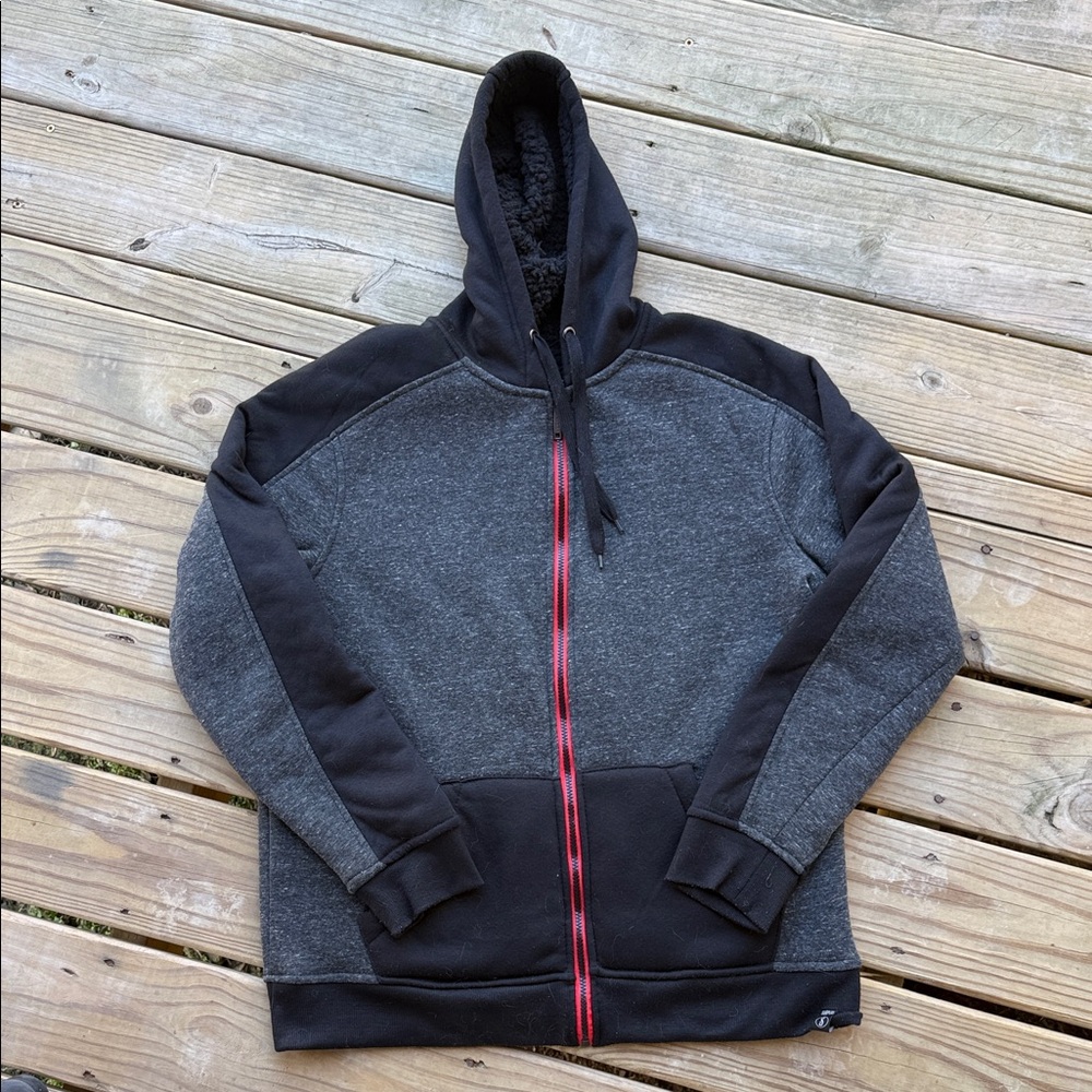 Surplus Men's Large Black Gray Hooded Full Red Zip Fleece Jacket Pockets